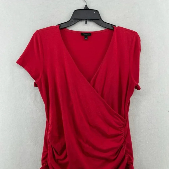 Talbots Blouse Women's Sz S Pink Red Wrap V-Neck Ruched Side Stretch Cap Sleeve - Picture 6 of 12
